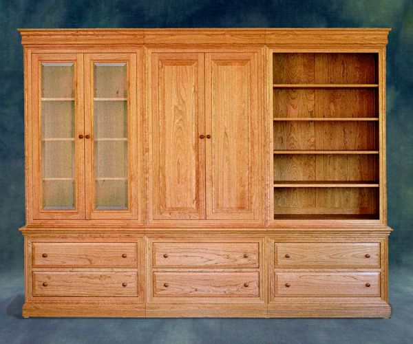 Louis-Philippe wall unit in solid cherry lumber, crafted exclusively using traditional joinery.
