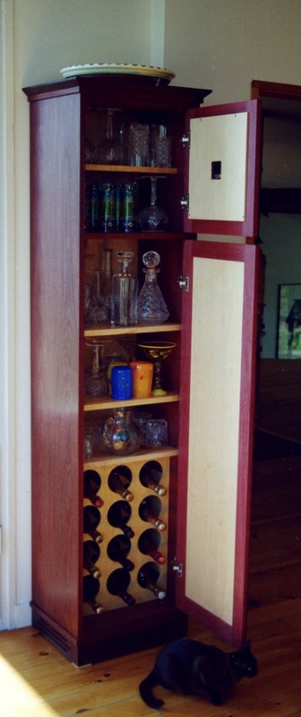 artisan liquor/wine cabinet with clock; purple heart, birds eye maple veneer