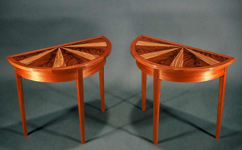 Demilune End Tables ; sunburst pattern: mahogany wood, mahogany and satinwood veneer.